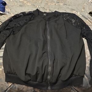 Black Lace Sleeve Bomber Jacket